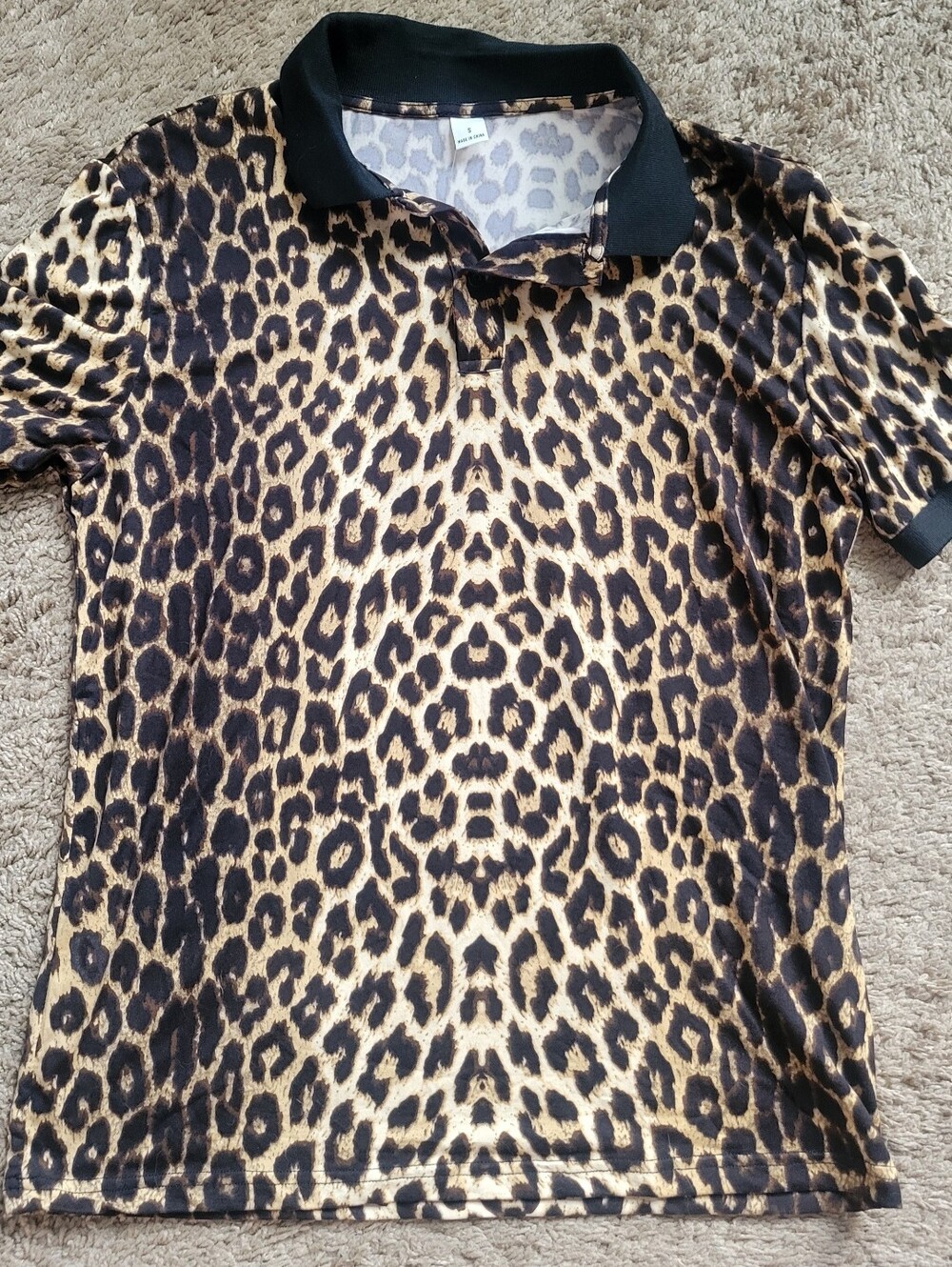 Leopard Print Polo Shirt with Black Collar